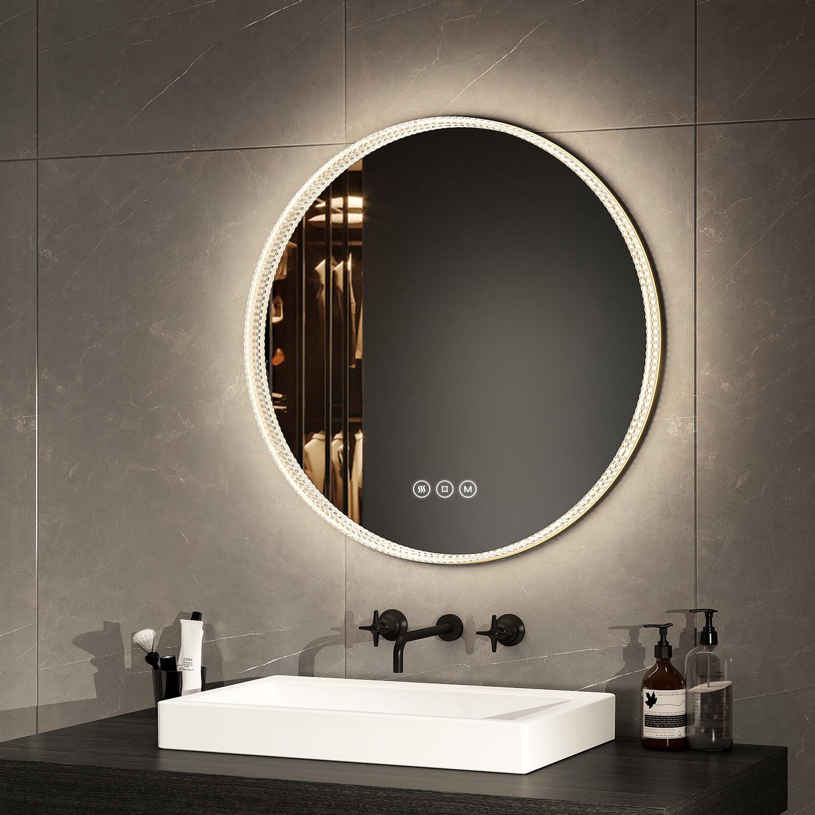 EMKE Miroir de salle de bain ovale LED Miroir lumineux de salle de bain  avec Interrupteur Tactile/ Anti-buée/ 3 Couleurs de lumière réglables,  80x60cm