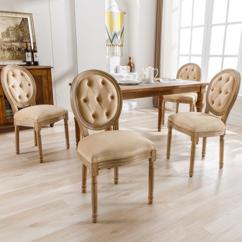 Set di 4 sedie da pranzo con bottoni trapuntati, schienale tondo e gambe in  legno massello, velluto, beige