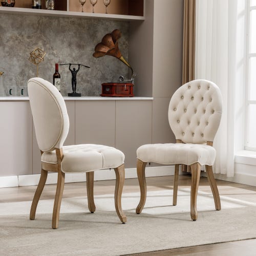 Cadeira de jantar francesa, conjunto de 2 cadeiras de veludo vintage com  botões tufados, pés de madeira maciça, creme
