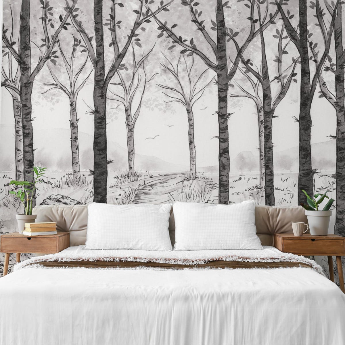 Papel pintado panoramico de bosque de abedules 375x250 Blanco y negro
