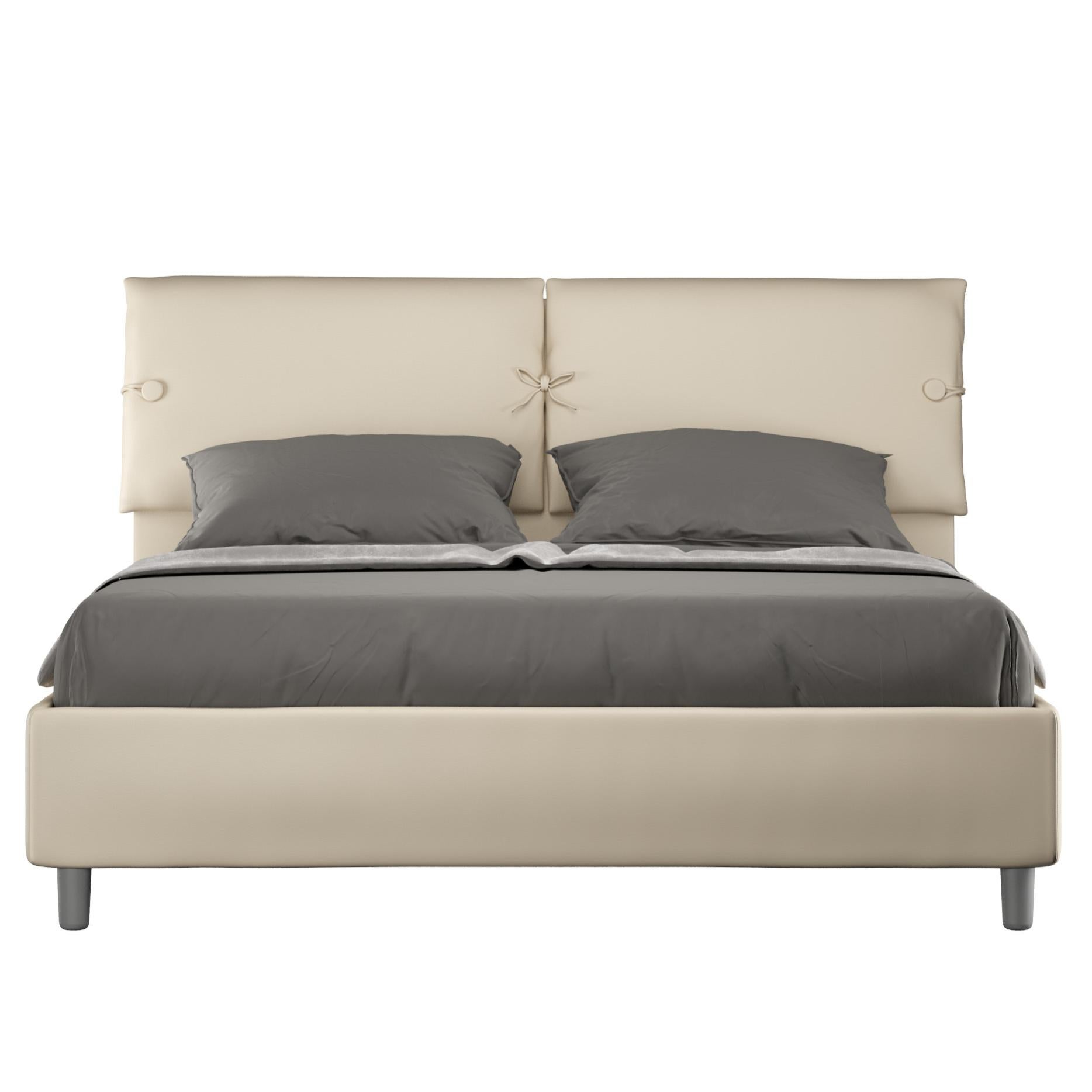Soweiz Letto Imbottito Idraulico Matrimoniale Con Contenitore - Struttura In Lino Beige Con Rete A Doghe, 160x200 Cm, Testiera Imbottita, Peso Max 181 Kg