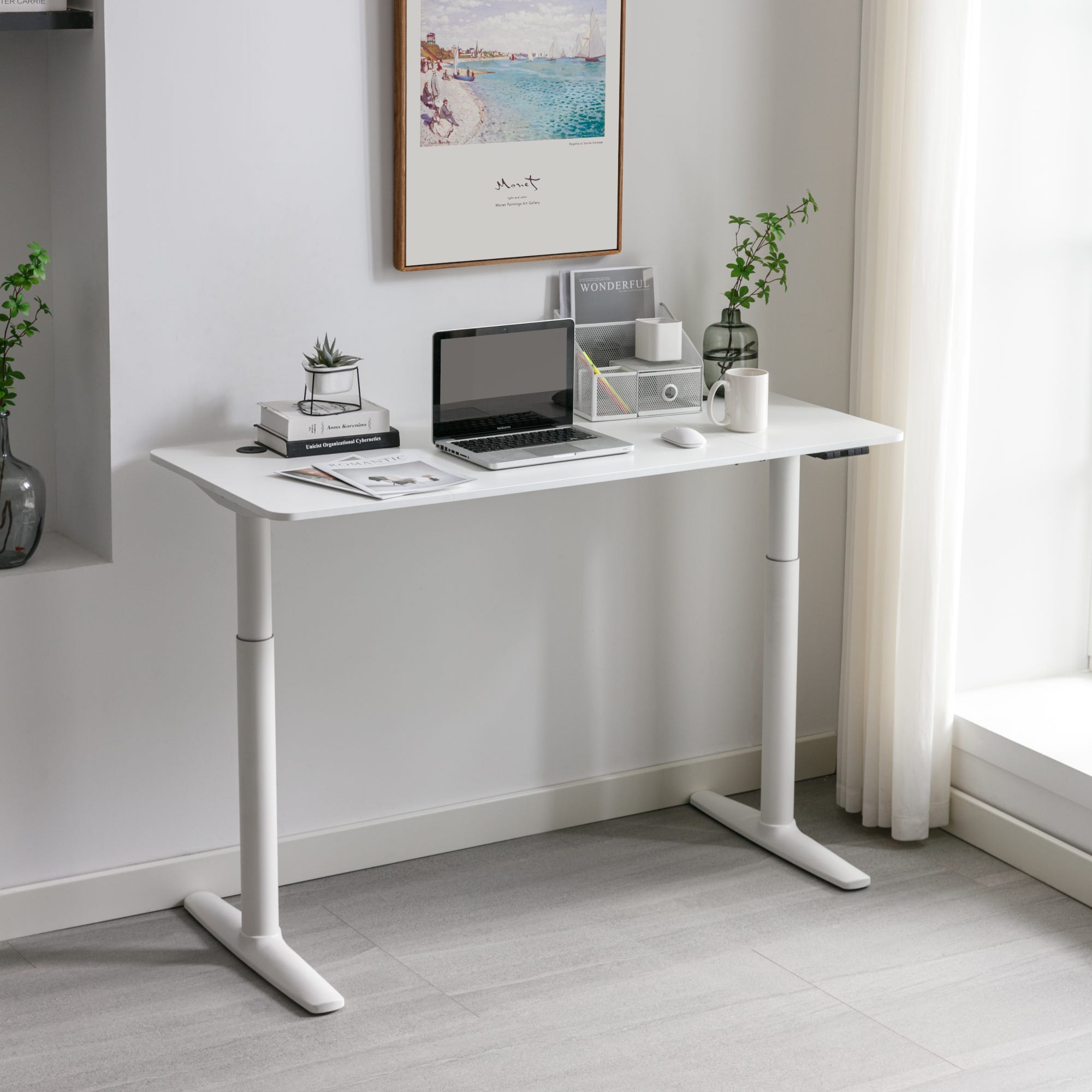Scrivania Regolabile in Altezza con Sollevamento Elettronico 72-117 cm  Funzione Active Mode Standing Desk con Piano 140 x 60 cm Bianco