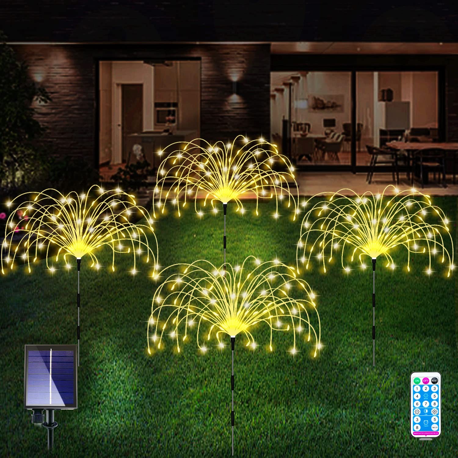 Lot de 4 lampes solaires de jardin, feux d'artifice 120 LED, 8 modes  d'éclairage avec télécommande, étanche (blanc chaud).