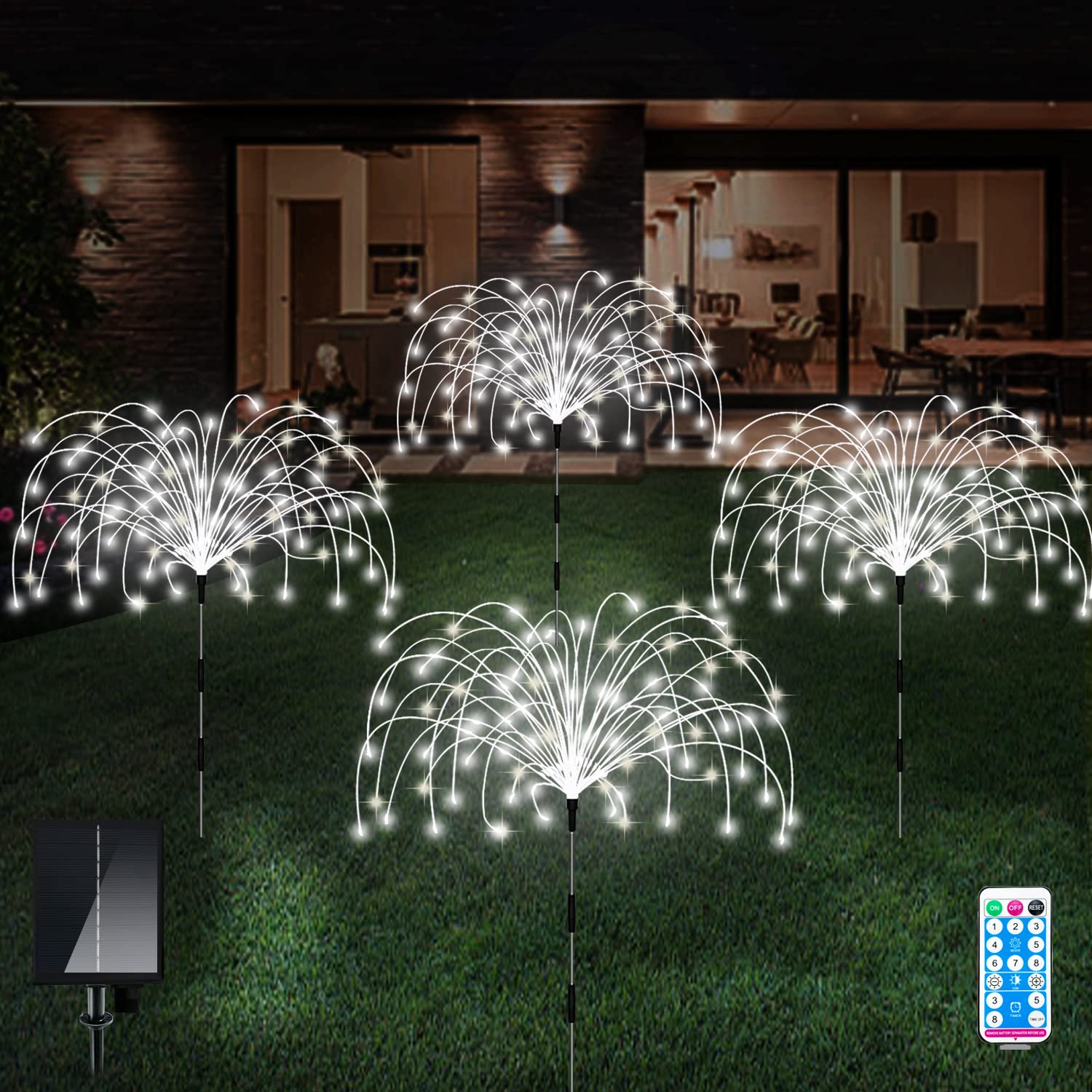 Lot de 4 feux d'artifice solaires de jardin 120 LED, piquet décoratif avec  télécommande, lumière de paysage 8 modes (blanc froid)