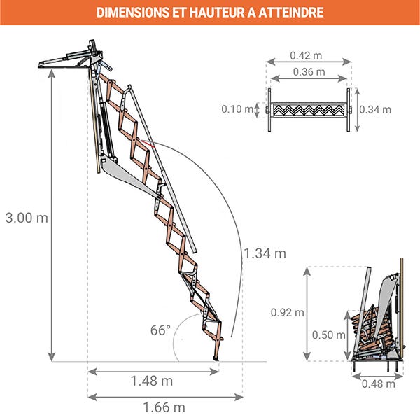Escalier avec trappe de 80x100cm - main courante à gauche - hauteur Max 3.50m - FGM/80/100/MCG