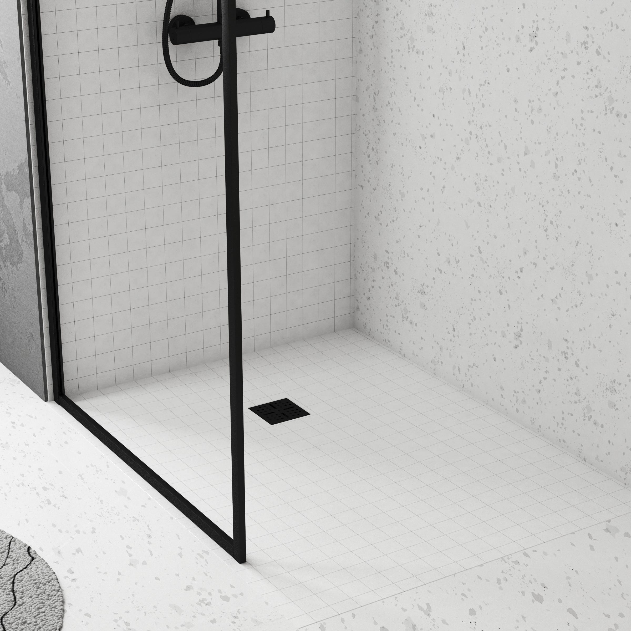 Plato de ducha a nivel de suelo con desagüe lineal a pared