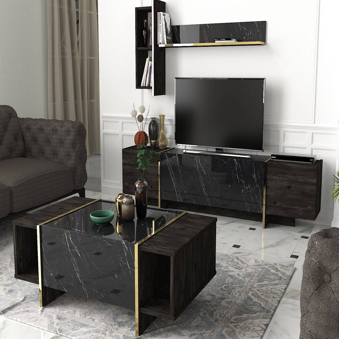 Meuble TV moderne 180cm avec table basse et étagère Varnus Bois et Effet  marbre Blanc