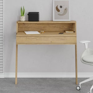 Bureau avec étagère, porte et tiroir Endersa L104xH156cm Blanc et Chêne  clair