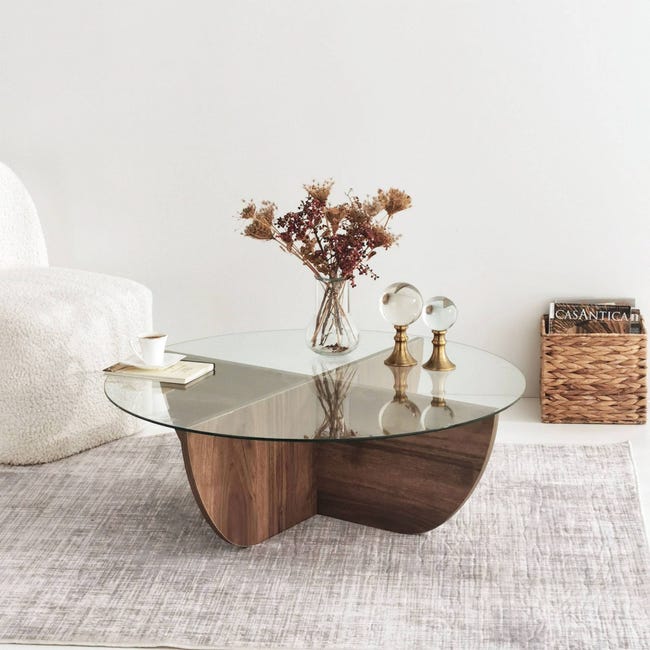 Table basse design Sunac D90cm Verre Transparent et Chêne clair