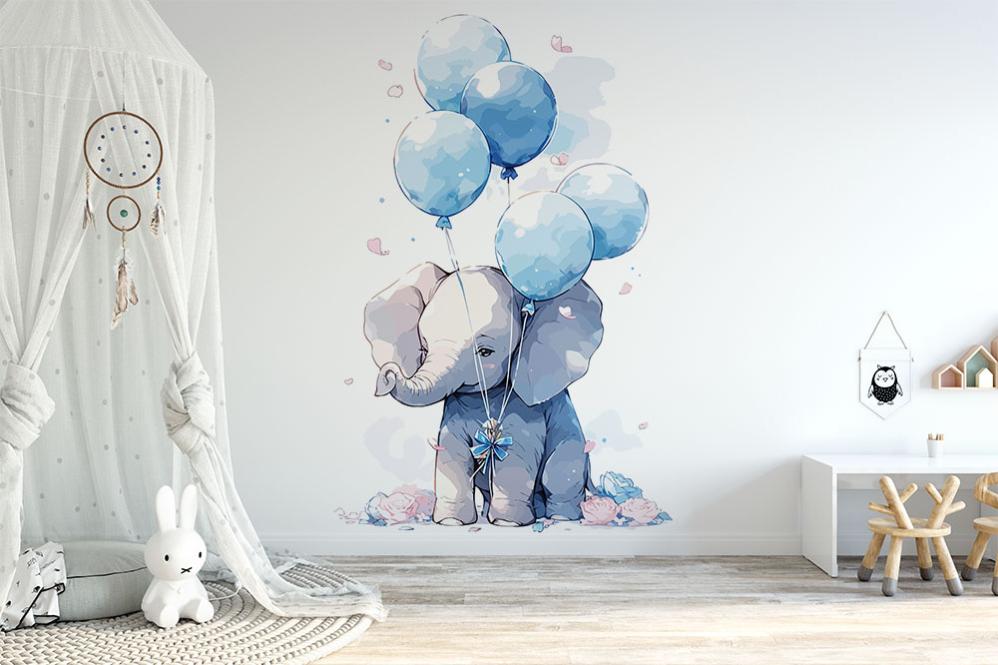 Papier peint enfant panoramique Elephant couronne de fleurs H230cms/L240cms