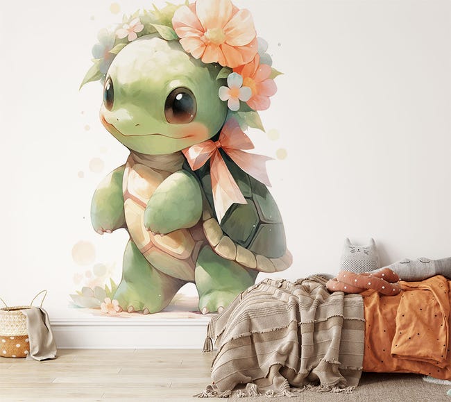 Papier peint enfant panoramique tortue couronne de fleurs H260cms/L240cms