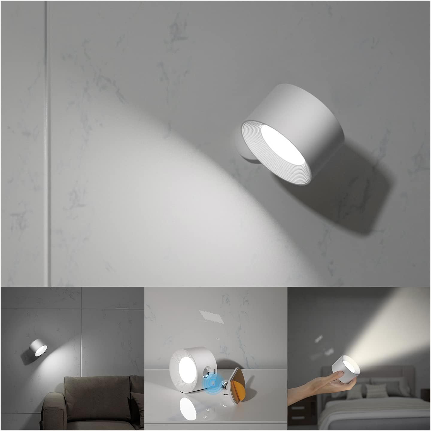 Lampes murales LED avec batterie rechargeable Dim 3 luminosité Boule  magnétique rotative à 360 °, applique murale pour lecture, étude, chevet,  couloir