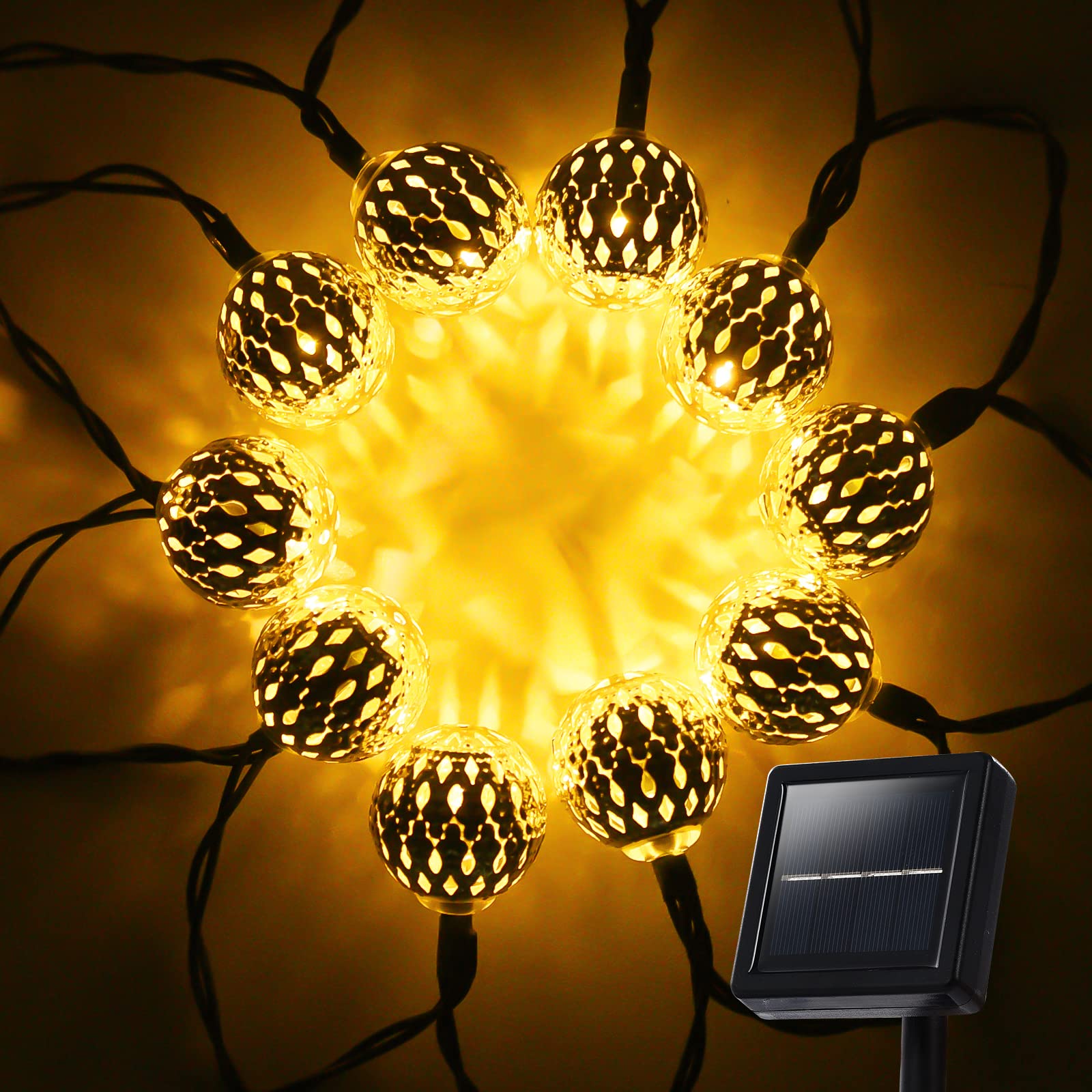 Guirlande lumineuse solaire étanche d'extérieur, 5m, 20 LED, avec 8 modes, guirlande  lumineuse marocaine à énergie solaire (blanc chaud)