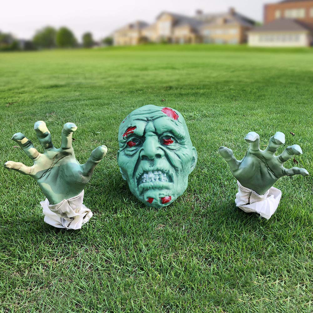 Décorations d'Halloween – Piquets de pelouse réalistes avec visage et bras  de zombie – Piquets de jardin avec tête et mains en os de squelette