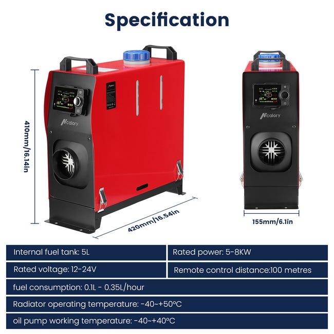 Calefactor de Aire Diésel para Coche 5L 12V 5-8KW Calefactor Regulable -  Pantalla LCD - 1 Salida de Aire