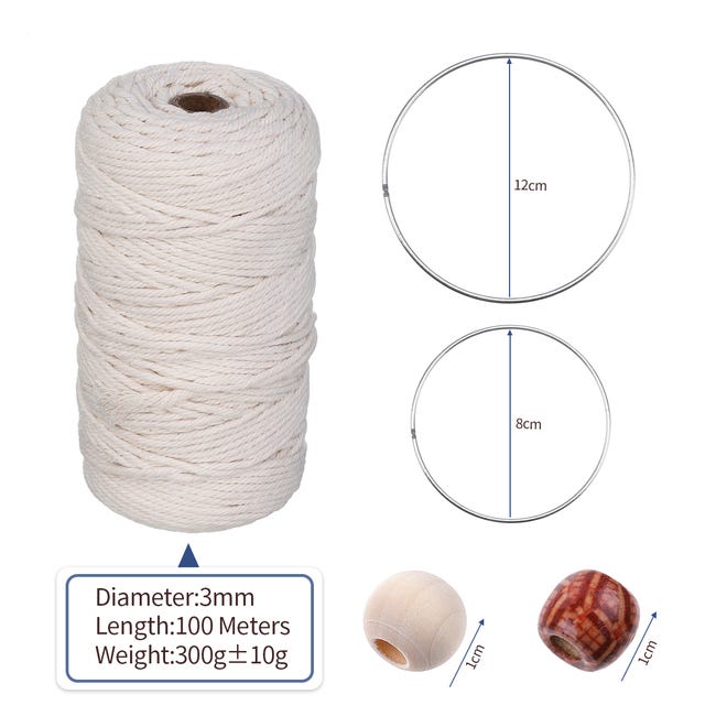 109 pezzi di corda di cotone macramè 3 mm fai da te, 4 rotoli di corda di  cotone colorato, 4 anelli di ferro, 100 perline di legno