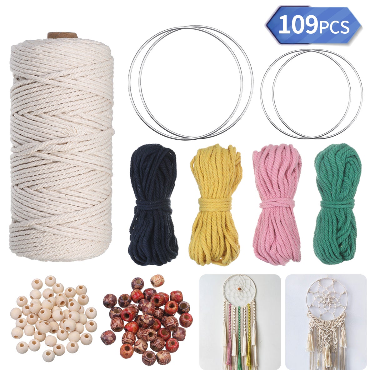 109 piezas de cuerda de algodón de macramé de 3 mm DIY, 4 rollos de cuerda  de algodón de colores, 4 anillos de hierro, 100 cuentas de madera
