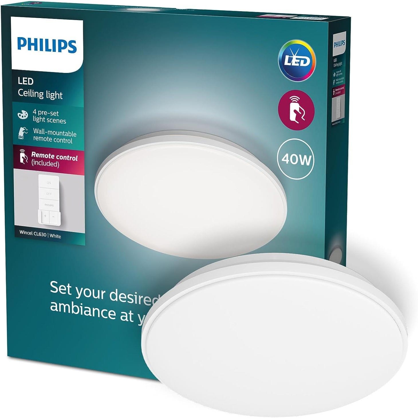 Philips, Plafonnier LED Wincel 40W, rond, télécommande sans fil incluse,  blanc
