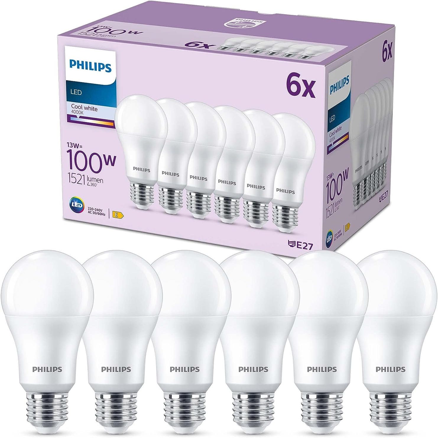 Philips, pack de 6 ampoules LED E27, 100W, blanc froid non dimmable