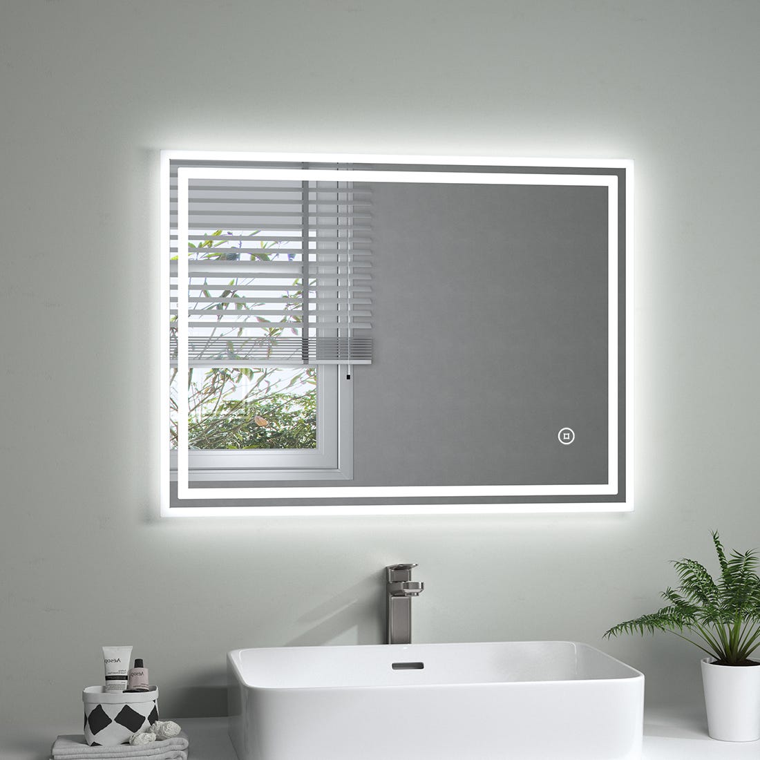 S AFIELINA Miroir lumineux rectangulaire avec éclairage LED Miroir mural  80x60 cm,tactile,3 couleurs de lumière,anti-buée,IP44