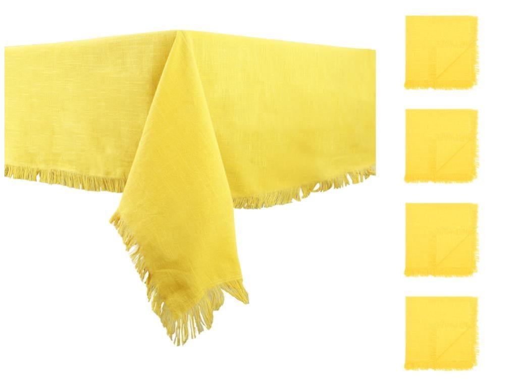 Ensemble nappe + 4 serviettes de table à franges - Coton - Jaune - 140