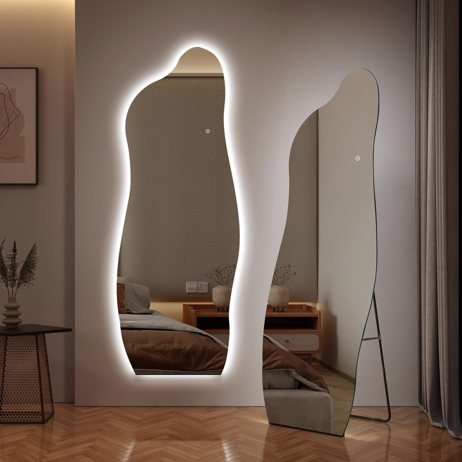 EMKE Miroir en Pied 160x60cm Miroir Pleine Formes Irrégulières avec  Fonction Dimming pour 3 Lumières Colorées, Pour le Salon ou la Chambre