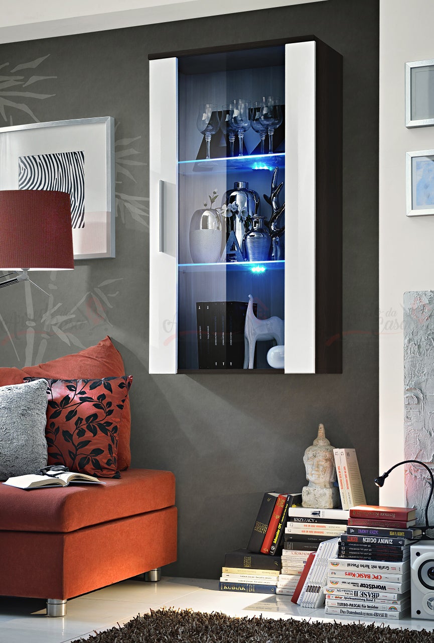 Vetrina moderna a parete per soggiorno con illuminazione a LED VP15 60x110  wenge e bianco lucido