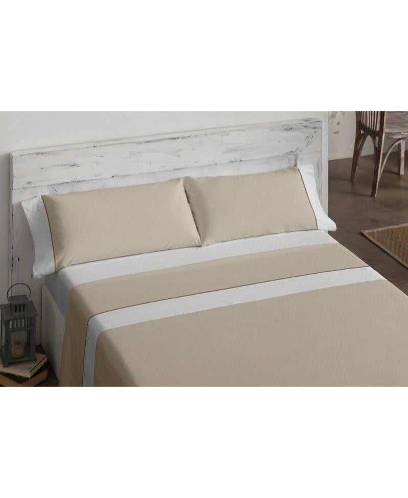 Ensemble De Draps 100% Coton BURRITO BLANCO - Lit Simple 90x190/200cm, 3 Pièces, Blanc Avec Passepoil Beige
