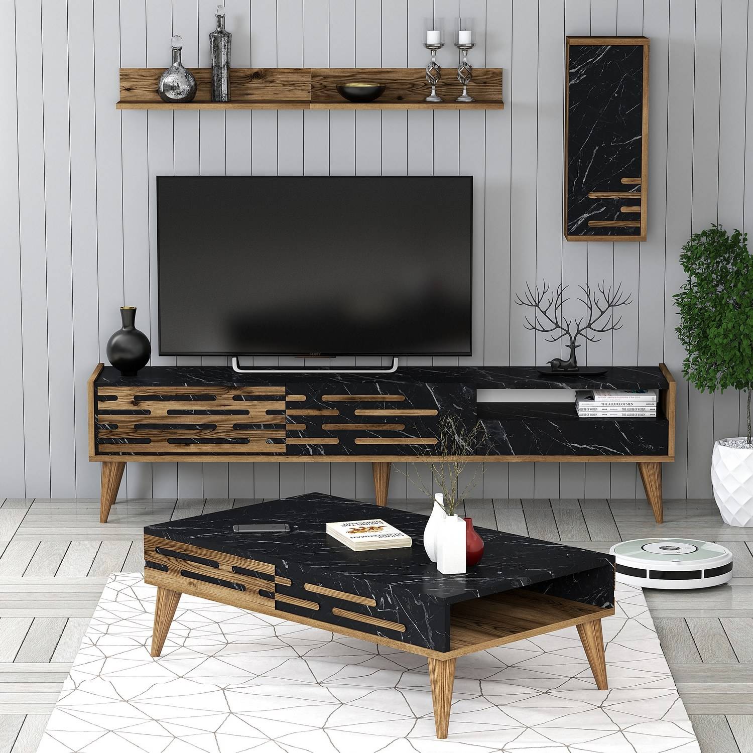 Ensemble meuble de salon Frisko Bois foncé et Effet marbre Noir