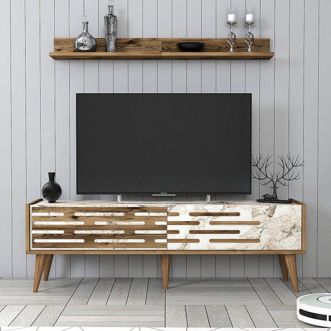 Ensemble meuble Tv et étagère murale design Ribera Chêne foncé et Blanc