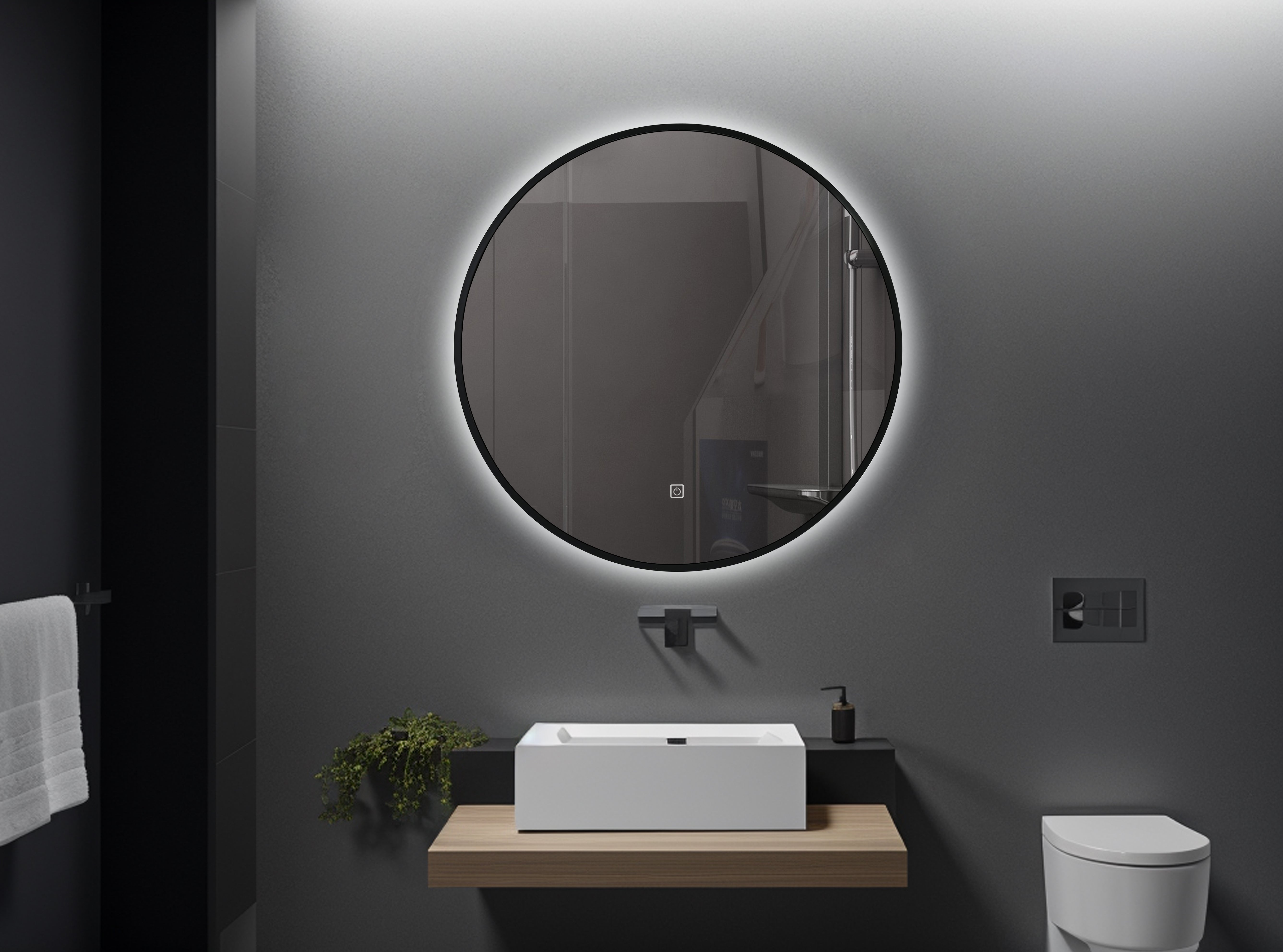 EMKE Miroir de salle de bain LED Miroir avec Interrupteur tactile, Anti-buée,  Dimmable, Fonction Mémoire, Lumière neutre, 80cm diamètre Cadre noir