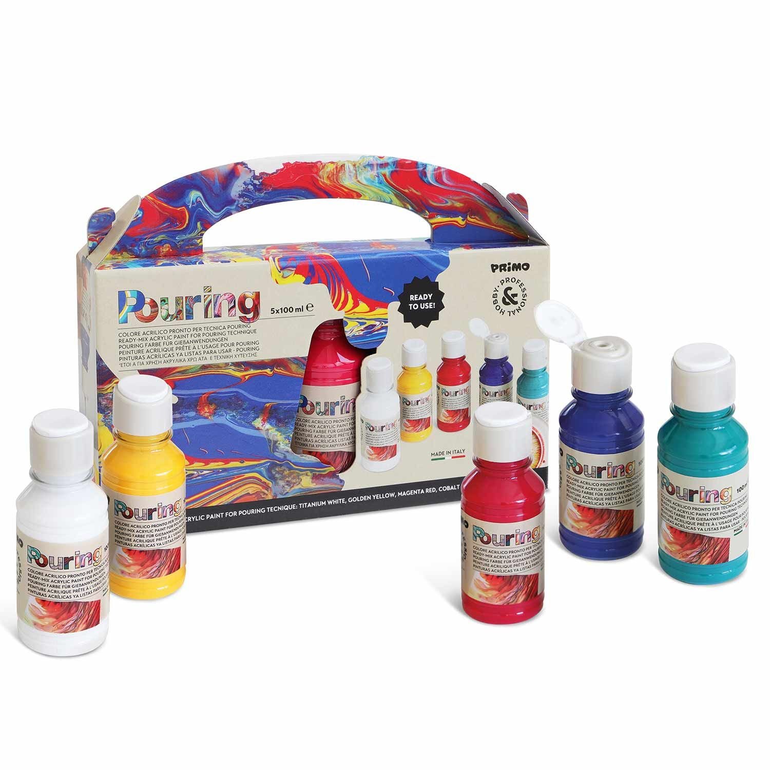 Morocolor PRIMO, colore acrilico in bottiglia, 5 colori acrilici da 100ml,  colori acrilici per dipingere tecnica Pouring, tempere acriliche permanenti