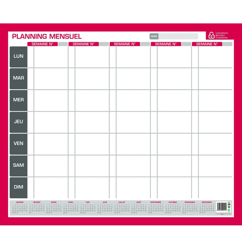 Planning mensuel effaçable - L 60 x l 50 cm