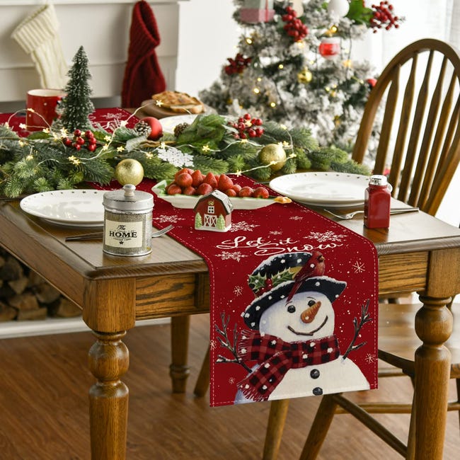 Camino de mesa de invierno con diseño de muñeco de nieve rojo,decoración  navideña para mesa de comedor para el hogar,fiesta en interiores,33 x 183cm