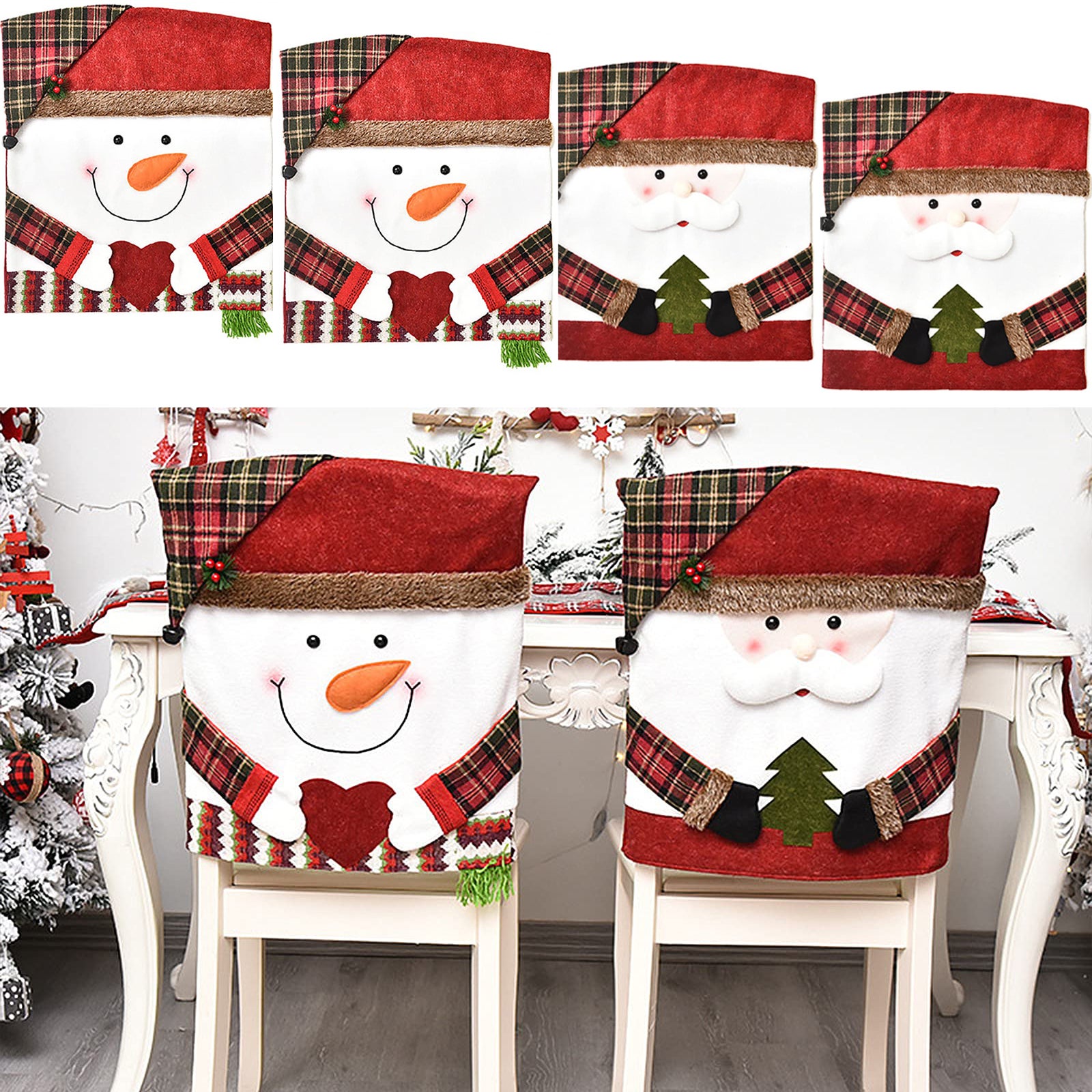 Coprisedie natalizie da 4 pezzi Coprisedili per sedie con pupazzo di neve  di Babbo Natale per decorazioni natalizie, 54 x 48 cm