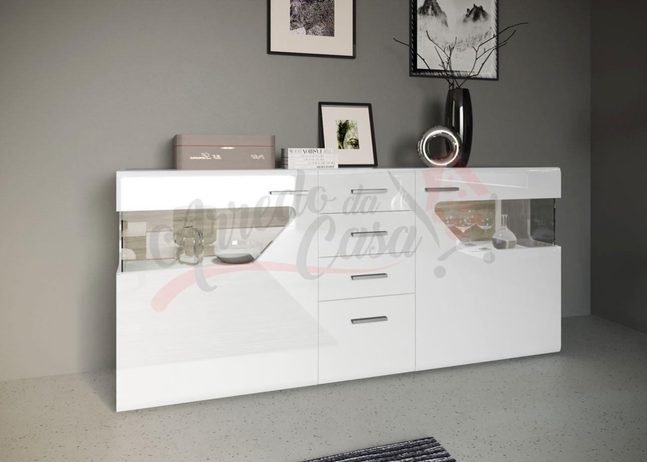 Madia moderna con vetro e luci led e quattro cassetti MI8 180x80 bianco