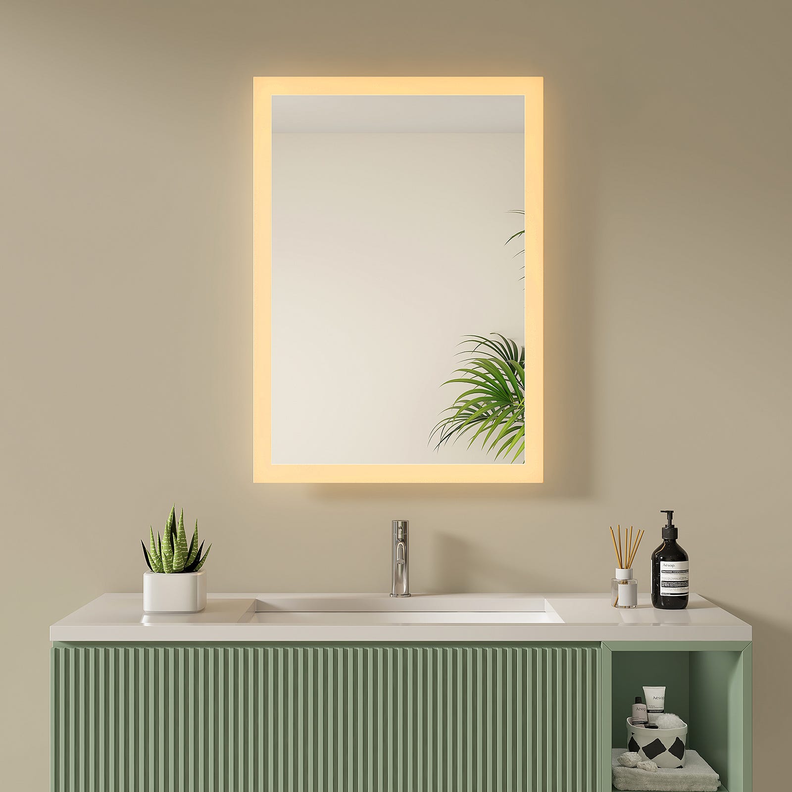 S'AFIELINA Miroir lumineux rectangulaire avec éclairage Miroir cosmétique  mural, interrupteur mural, lumière blanc chaud, 2 installations 50×70cm