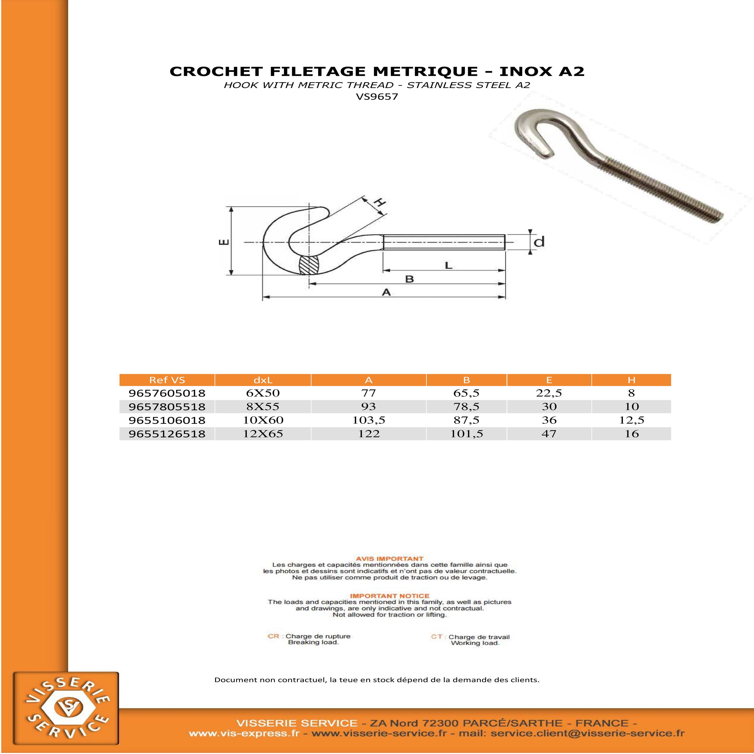 Crochet à filetage métrique Inox A2 8X55 - Vis-expresss