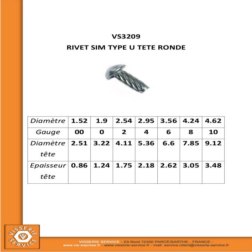 Rivet SIM ou fausse vis a frapper Type U Tête ronde TR 2.95X 1/4 Acier  nickelé - 1 pièce