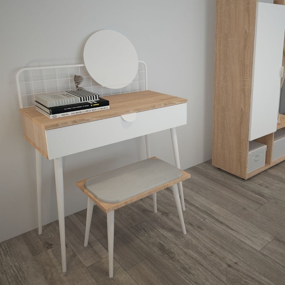 Toeletta scrivania con specchio 80x40x120h Krell colore rovere bianco
