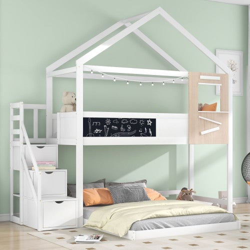 Letto per bambini con scala e finestra, con rete a doghe, scala con 3  cassetti, bianco (200x90 cm)