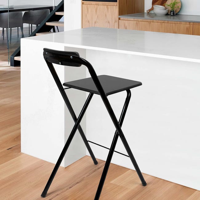  LKP Taburete de bar plegable con respaldo, silla plegable de  cocina, asiento de madera y patas de metal, silla alta para mostrador al  aire libre, taburete de bar para cafetería (negro/blanco) 
