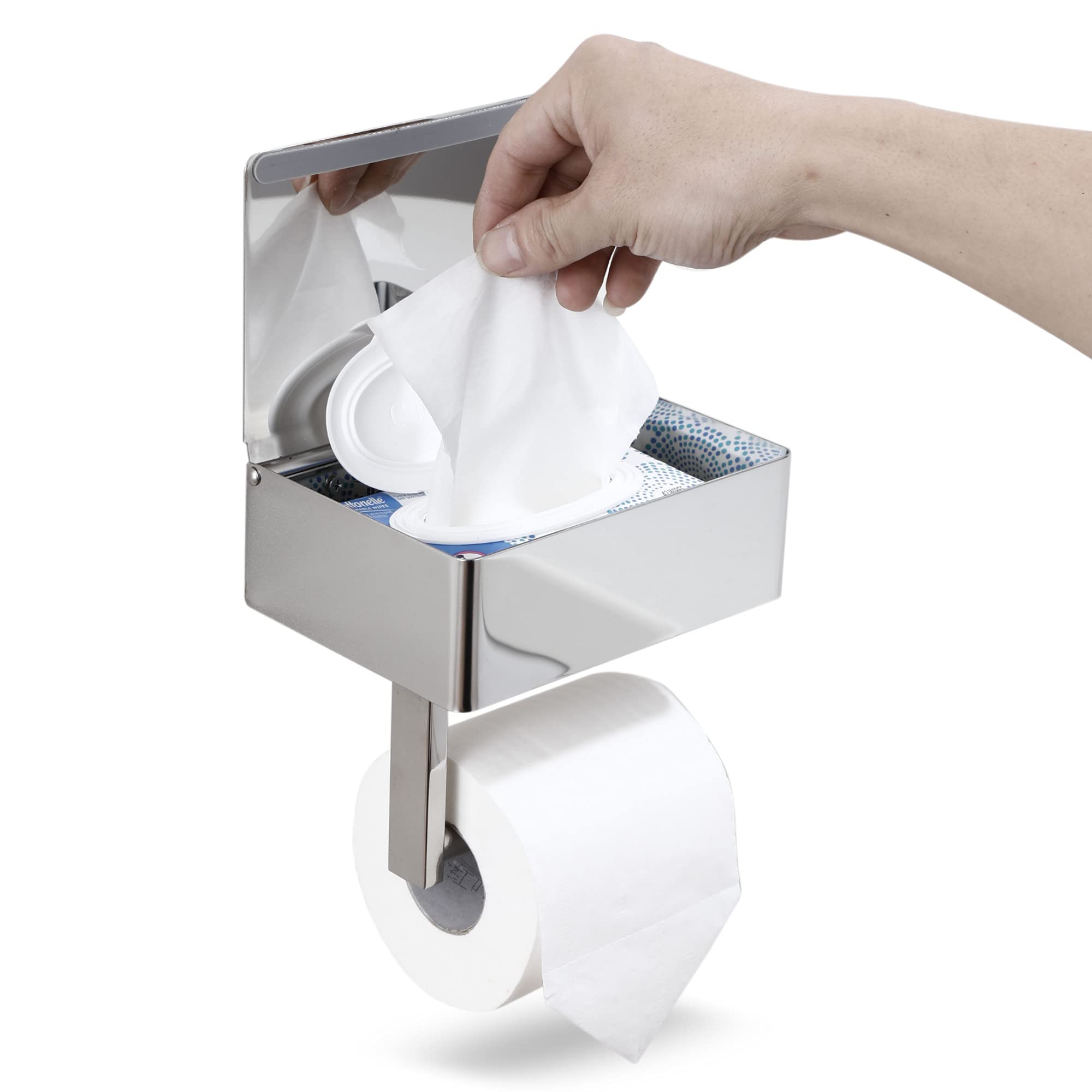 Porte-papier toilette avec étagère, distributeur de lingettes
