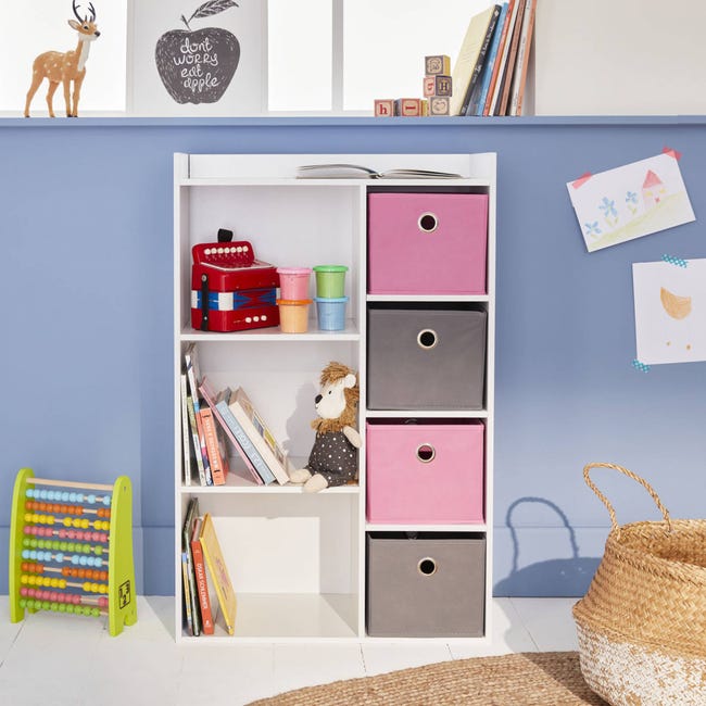 Mueble con almacenaje para niño, blanco - Camila - con 7 compartimentos y 6  cestas grises y rosas