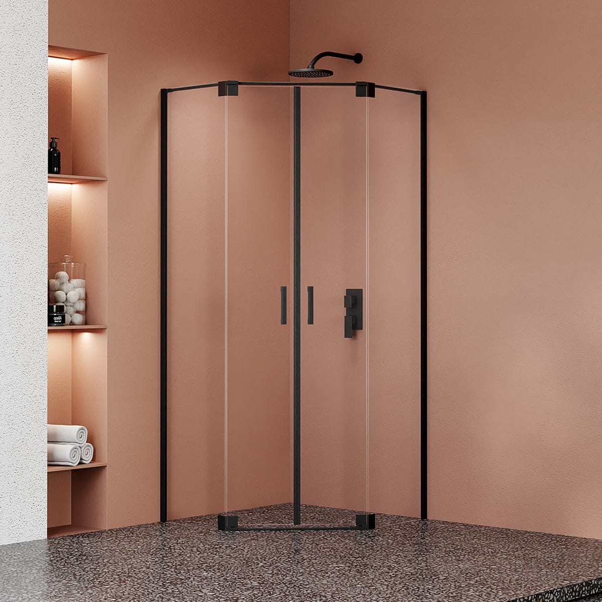 Cabine de douche carrée, 90x90cm, noire, verre transparent 5mm, LYS