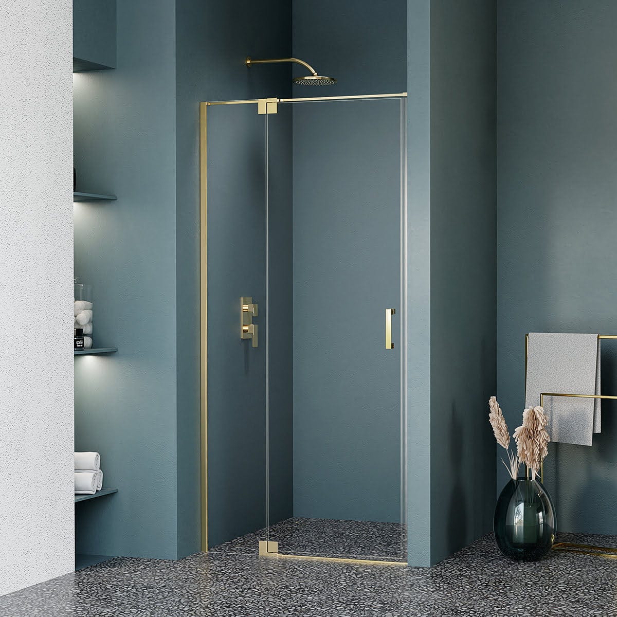 Puerta de ducha pivotante dorada transparente, dorada 90 cm, AROSA