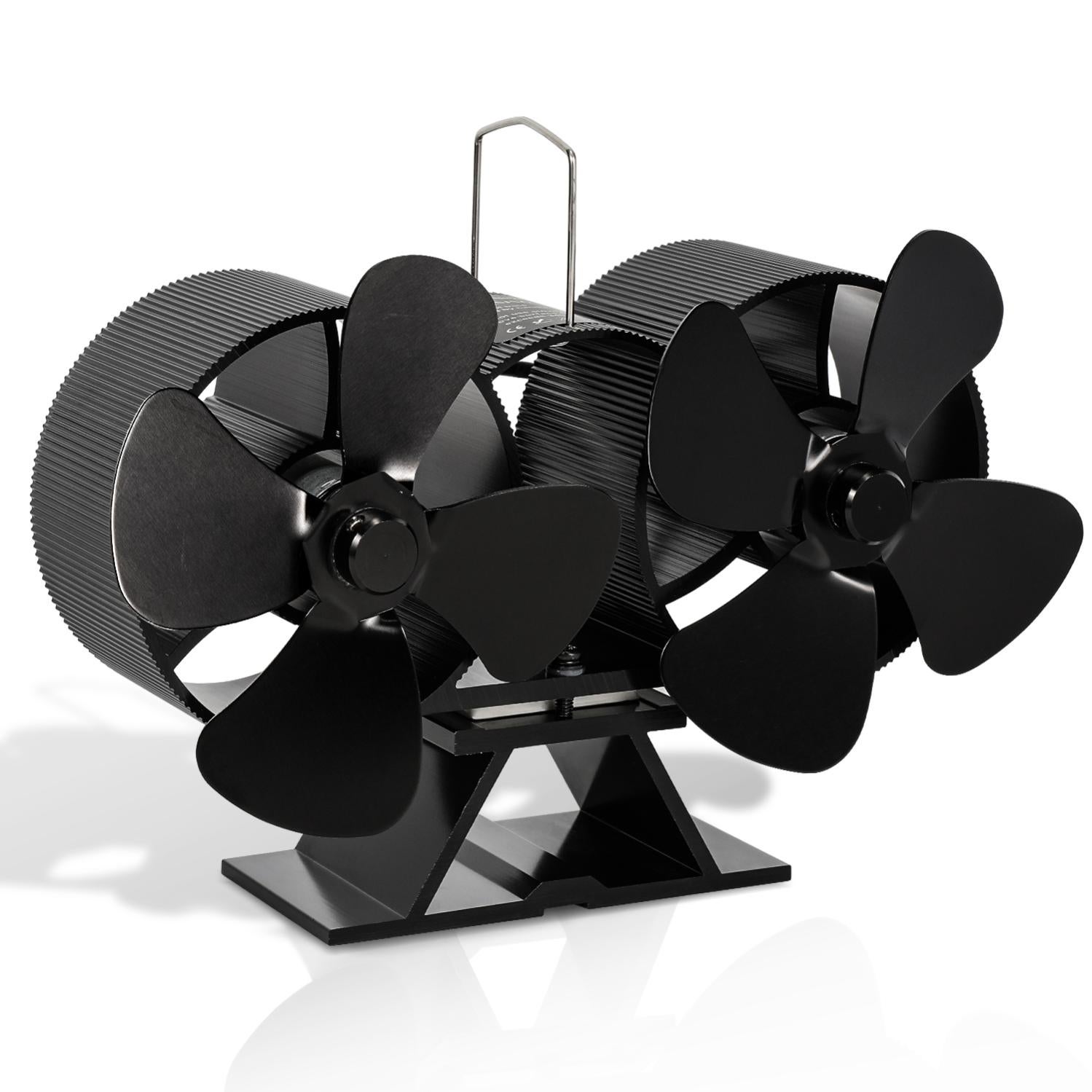 Ventilateur De Cheminée Double Tête 8 Lames - Autonome, Thermomètre Inclus - Noir