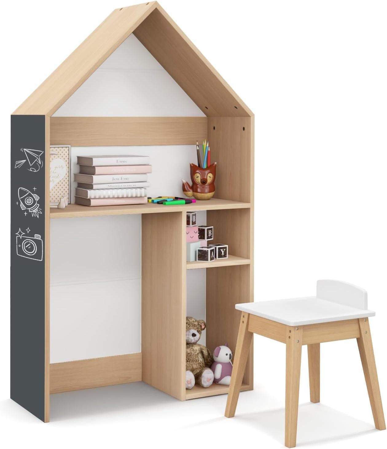 Bibliothèque Enfant DREAMADE Forme Maison - 63x90cm - Tableau Noir/Blanc - 4 Casiers + 2 Tiroirs - Gris