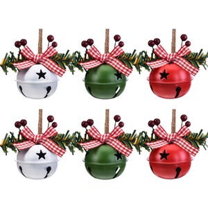 6 pçs vermelho branco verde natal jingle bell ornamentos, fontes