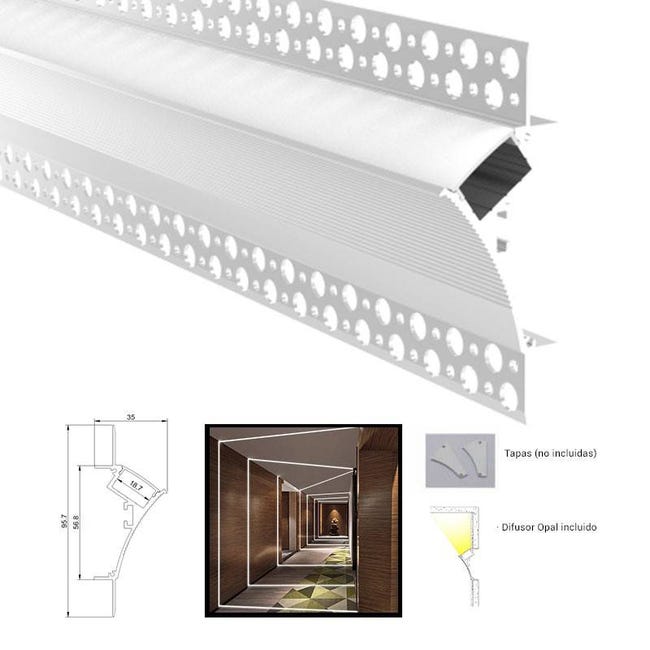 Perfil para tira LED de integración Escayola/Pladur 96x35 Trimless Esquina  de Abajo/Arriba (2m)